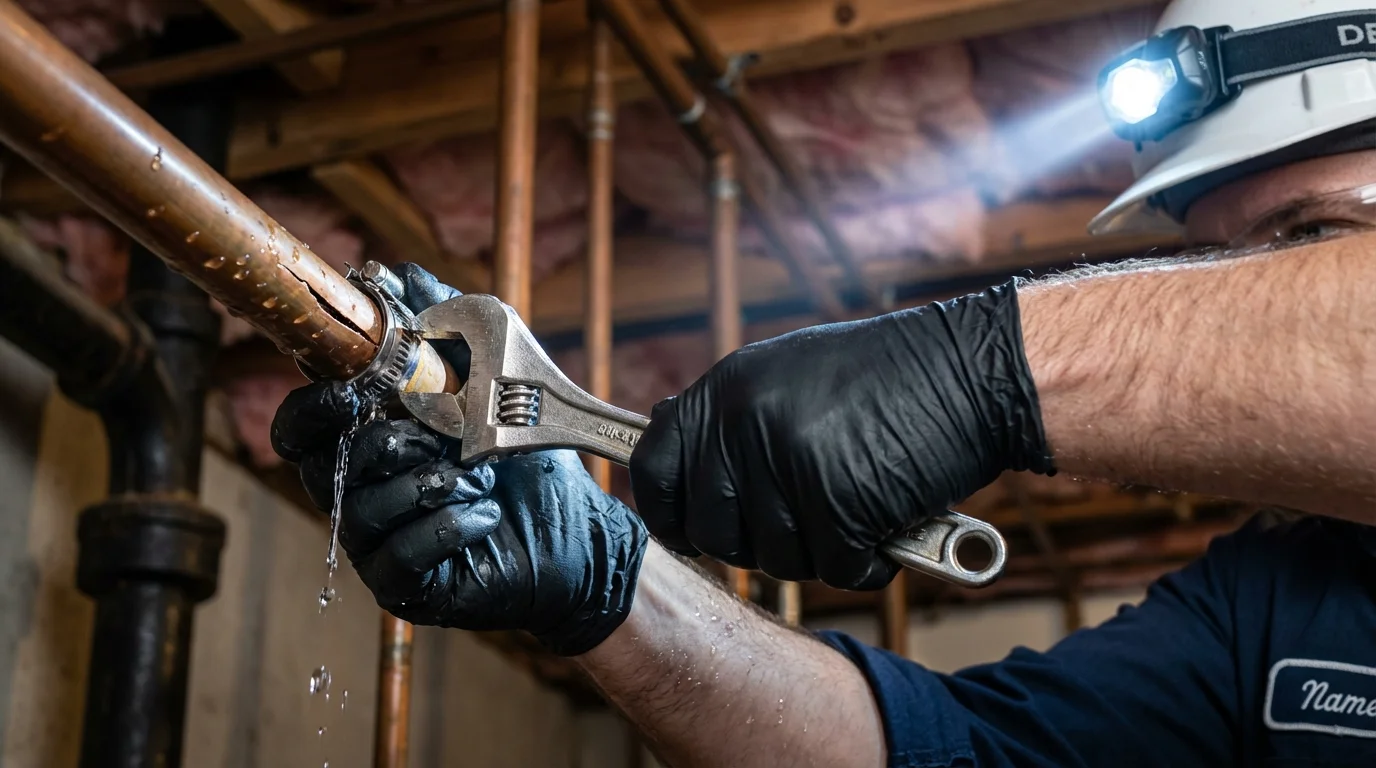Emergency pipe clamp repair being performed by a Johns Plumbing LLC plumber in River Grove