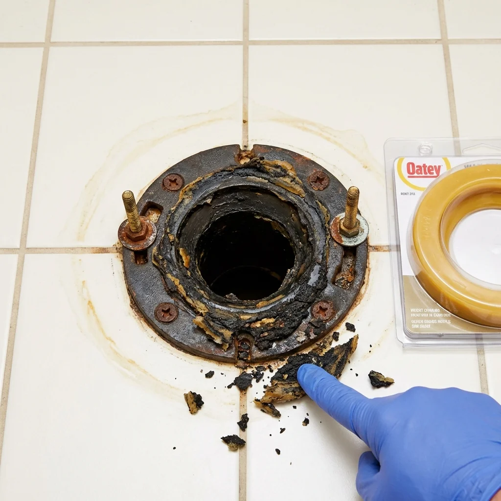 Failed wax ring showing water seepage at the base of a toilet in a River Grove, IL home