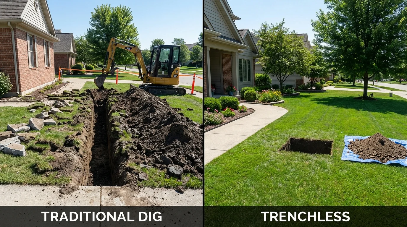 Trenchless sewer repair with minimal yard damage versus traditional excavation in River Grove, IL