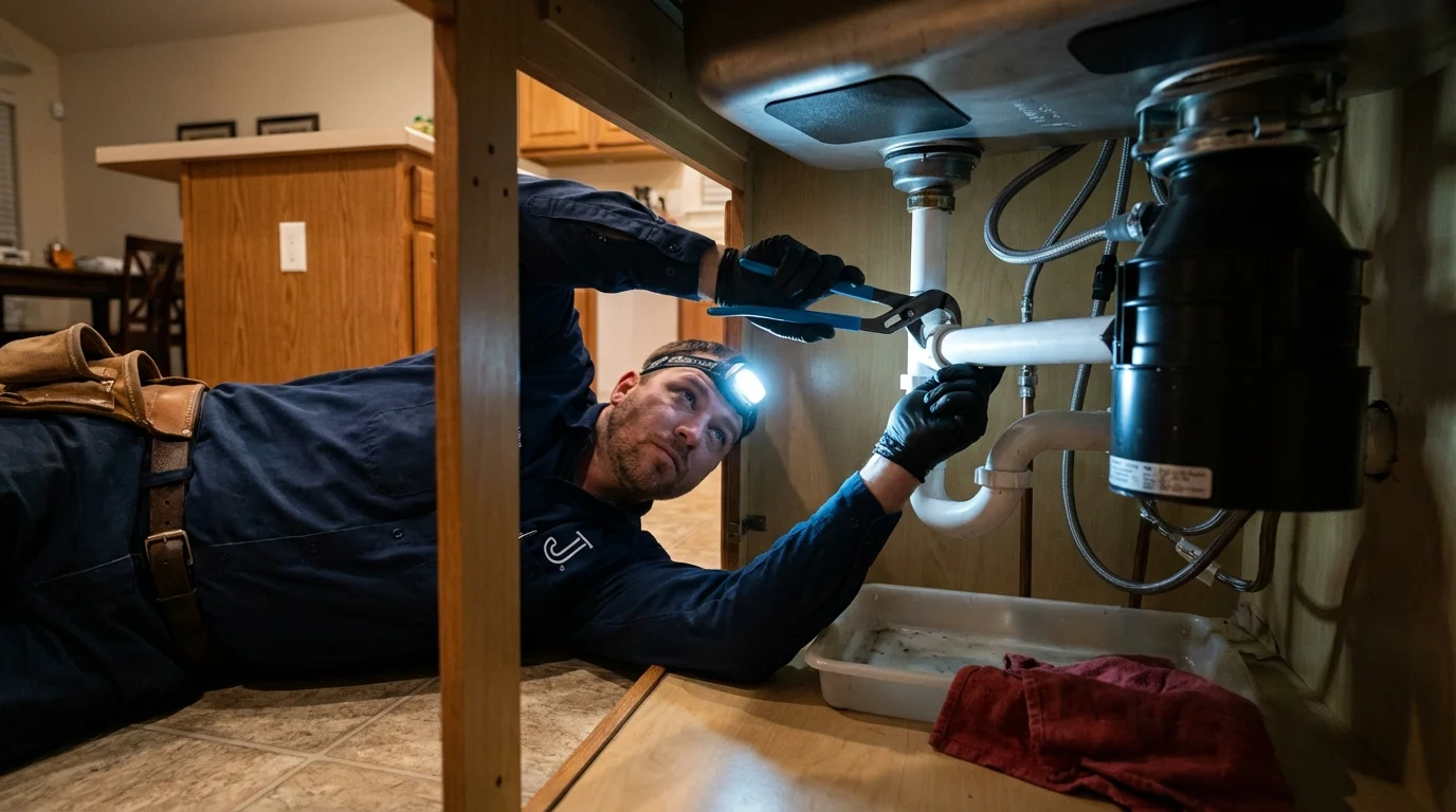 P-trap and supply line connections under a kitchen sink showing a common leak point in River Grove, IL
